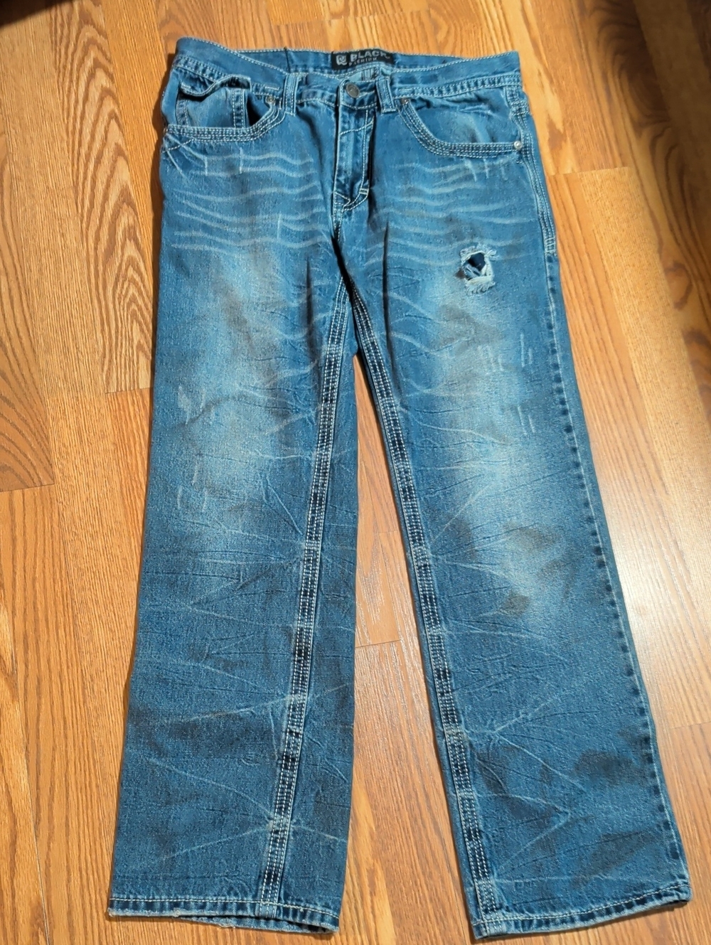 Y2K Straight Fit Blue Men's Jeans with Subtle Distress